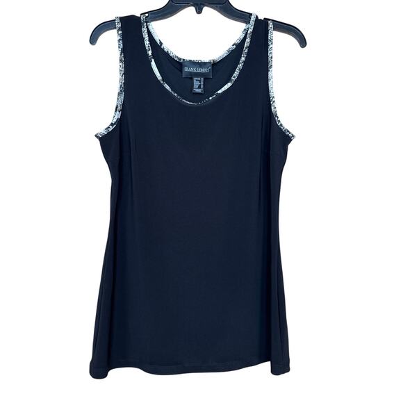 Frank Lyman Black Sleeveless Top Printed Trim Size 10 Designer Minimalist Chic - Picture 1 of 8